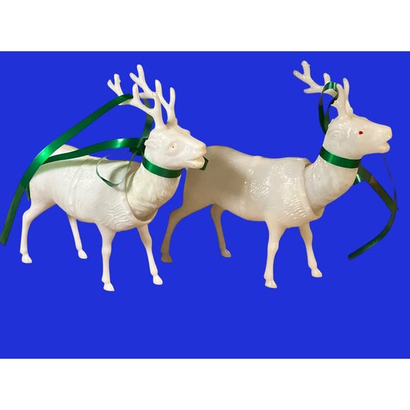 Vintage White Deer Bobblehead Figurines With Green Ribbons & Red Eyes - Picture 5 of 7